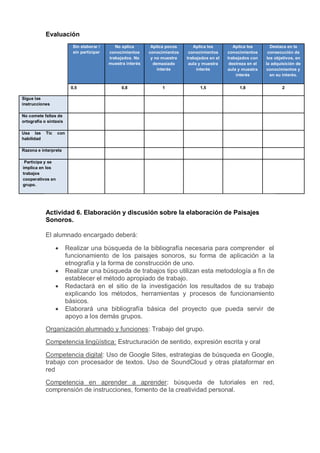 Evaluación
Sin elaborar /
sin participar
No aplica
conocimientos
trabajados. No
muestra interés
Aplica pocos
conocimientos
y no muestra
demasiado
interés
Aplica los
conocimientos
trabajados en el
aula y muestra
interés
Aplica los
conocimientos
trabajados con
destreza en el
aula y muestra
interés
Destaca en la
consecución de
los objetivos, en
la adquisición de
conocimientos y
en su interés.
0,5 0,8 1 1,5 1,8 2
Sigue las
instrucciones
No comete faltas de
ortografía o sintaxis
Usa las Tic con
habilidad
Razona e interpreta
Participa y se
implica en los
trabajos
cooperativos en
grupo.
Actividad 6. Elaboración y discusión sobre la elaboración de Paisajes
Sonoros.
El alumnado encargado deberá:
 Realizar una búsqueda de la bibliografía necesaria para comprender el
funcionamiento de los paisajes sonoros, su forma de aplicación a la
etnografía y la forma de construcción de uno.
 Realizar una búsqueda de trabajos tipo utilizan esta metodología a fin de
establecer el método apropiado de trabajo.
 Redactará en el sitio de la investigación los resultados de su trabajo
explicando los métodos, herramientas y procesos de funcionamiento
básicos.
 Elaborará una bibliografía básica del proyecto que pueda servir de
apoyo a los demás grupos.
Organización alumnado y funciones: Trabajo del grupo.
Competencia lingüística: Estructuración de sentido, expresión escrita y oral
Competencia digital: Uso de Google Sites, estrategias de búsqueda en Google,
trabajo con procesador de textos. Uso de SoundCloud y otras plataformar en
red
Competencia en aprender a aprender: búsqueda de tutoriales en red,
comprensión de instrucciones, fomento de la creatividad personal.
 