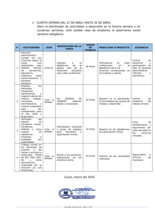 Mg. Edgar Zavaleta Portillo - Página 12_SDA
 CUARTA SEMANA DEL 27 DE ABRIL HASTA 30 DE ABRIL
Ídem al planificador de actividades a desarrollar en la tercera semana y en
sucesivas semanas, ante posible caso de ampliarse el aislamiento social
sanitaria obligatorio.
Nº ACTIVIDADES DIAS
DESCRIPCIÓN DE LA
TAREA
HORAS
DE
TRABAJO
RESULTADO O PRODUCTO EVIDENCIA
1
Personal
administrativo
cumple con sus
funciones según el
cargo que
desempeña caso
SIAGIE, oficinas
de secretarías,
laboratorio,
biblioteca, mesa
partes-tesorería y
personal
operativo.
20/04/20
Ingresar a la
plataforma de la
página web de la
institución educativa
para video conferencia
08 horas
Participación en video
conferencias en la
plataforma de la I.E.
Acuerdos consensuados de
los trabajos y planes.
Control de
asistencia y
participación de
todo el personal
administrativo
(oficinas y
operativos)
2
Analizan las
diferentes
situaciones
significativas y
sugieren planes de
mejora, trabajo,
innovación
administrativa, o
nuevas propuestas
para ser
consideradas para
el año 2020 o
largo plazo.
TODA LA
SEMANA
Por GRUPOS DE
TRABAJO elaboran
planes o propuestas
32 horas Registro en el planificador
de actividades por grupos de
trabajo a desarrollar.
Control de
asistencia del
trabajo remoto.
3
Participan del
espacio de
Formación virtual-
PerúEduca,
SERVIR u otros
medios de
plataforma
orientado a
fortalecer sus
capacidades.
TODA LA
SEMANA
Participación individual
o grupo de trabajos
para formación y
capacitación virtual.
32 horas Registro en las plataformas
de capacitación virtual.
Ficha de
familiarización y
seguimiento por
cada actividad en
los entornos
virtuales.
4
Trabajo remoto en
los domicilios de
acuerdo a las
tareas o acciones a
desarrollar (PLAN
de SST, MOF, ROF,
RI, u otros
documentos)
impartidas por la
dirección y/o sub
direcciones.
TODA LA
SEMANA
Atento a las directivas,
indicaciones de los
directivos diaria.
32 horas Informe de las actividades
realizadas
Seguimiento e
Informe de
monitoreo
Cusco, marzo del 2020
 