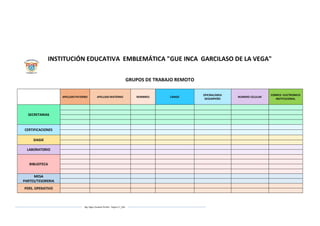Mg. Edgar Zavaleta Portillo - Página 17_SDA
INSTITUCIÓN EDUCATIVA EMBLEMÁTICA "GUE INCA GARCILASO DE LA VEGA"
GRUPOS DE TRABAJO REMOTO
APELLIDO PATERNO APELLIDO MATERNO NOMBRES CARGO
OFICINA/AREA
DESEMPEÑO
NUMERO CELULAR
CORREO ELECTRONICO
INSTITUCIONAL
SECRETARIAS
CERTIFICACIONES
SIAGIE
LABORATORIO
BIBLIOTECA
MESA
PARTES/TESORERIA
PERS. OPERATIVO
 