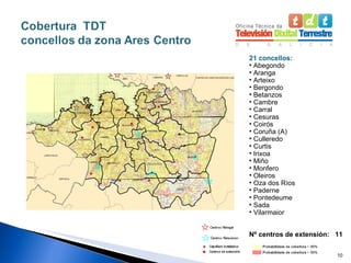 21 concellos: Abegondo Aranga Arteixo Bergondo Betanzos Cambre Carral Cesuras Coirós Coruña (A) Culleredo Curtis Irixoa Miño Monfero Oleiros Oza dos Ríos Paderne Pontedeume Sada Vilarmaior Nº centros de extensión:  11 