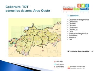 11 concellos: Cabanas de Bergantiños Camariñas Carballo Cerceda Coristanco Laracha, A Laxe Malpica de Bergantiños Ponteceso Vimianzo Zas Nº  centros de extensión:  10 