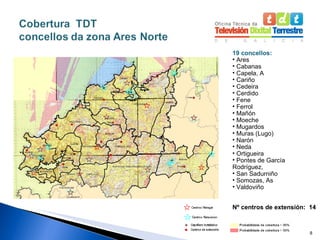 19 concellos: Ares Cabanas Capela, A Cariño Cedeira Cerdido Fene Ferrol Mañón Moeche Mugardos Muras (Lugo) Narón Neda Ortigueira Pontes de García Rodríguez, San Sadurniño Somozas, As Valdoviño Nº centros de extensión:  14 