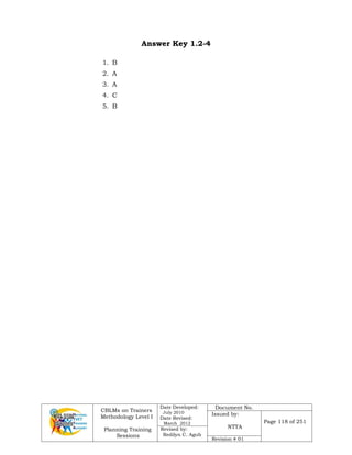 CBLMs on Trainers
Methodology Level I
Planning Training
Sessions
Date Developed:
July 2010
Date Revised:
March 2012
Document No.
Issued by:
NTTA
Page 118 of 251
Revised by:
Redilyn C. Agub
Revision # 01
Answer Key 1.2-4
1. B
2. A
3. A
4. C
5. B
 