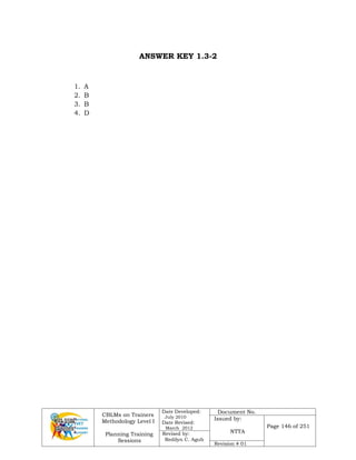 CBLMs on Trainers
Methodology Level I
Planning Training
Sessions
Date Developed:
July 2010
Date Revised:
March 2012
Document No.
Issued by:
NTTA
Page 146 of 251
Revised by:
Redilyn C. Agub
Revision # 01
ANSWER KEY 1.3-2
1. A
2. B
3. B
4. D
 