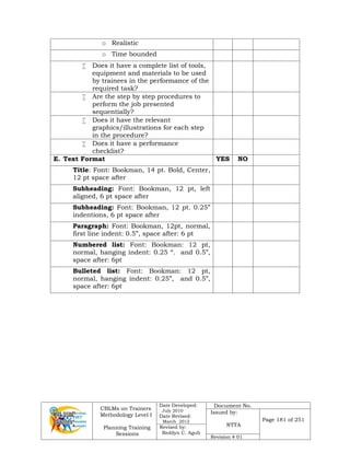 CBLMs on Trainers
Methodology Level I
Planning Training
Sessions
Date Developed:
July 2010
Date Revised:
March 2012
Document No.
Issued by:
NTTA
Page 181 of 251
Revised by:
Redilyn C. Agub
Revision # 01
o Realistic
o Time bounded
 Does it have a complete list of tools,
equipment and materials to be used
by trainees in the performance of the
required task?
 Are the step by step procedures to
perform the job presented
sequentially?
 Does it have the relevant
graphics/illustrations for each step
in the procedure?
 Does it have a performance
checklist?
E. Text Format YES NO
Title: Font: Bookman, 14 pt. Bold, Center,
12 pt space after
Subheading: Font: Bookman, 12 pt, left
aligned, 6 pt space after
Subheading: Font: Bookman, 12 pt. 0.25”
indentions, 6 pt space after
Paragraph: Font: Bookman, 12pt, normal,
first line indent: 0.5”, space after: 6 pt
Numbered list: Font: Bookman: 12 pt,
normal, hanging indent: 0.25 “. and 0.5”,
space after: 6pt
Bulleted list: Font: Bookman: 12 pt,
normal, hanging indent: 0.25”, and 0.5”,
space after: 6pt
 