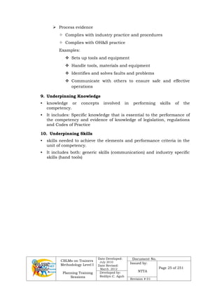 CBLMs on Trainers
Methodology Level I
Planning Training
Sessions
Date Developed:
July 2010
Date Revised:
March 2012
Document No.
Issued by:
NTTA
Page 25 of 251
Developed by:
Redilyn C. Agub
Revision # 01
 Process evidence
 Complies with industry practice and procedures
 Complies with OH&S practice
Examples:
 Sets up tools and equipment
 Handle tools, materials and equipment
 Identifies and solves faults and problems
 Communicate with others to ensure safe and effective
operations
9. Underpinning Knowledge
• knowledge or concepts involved in performing skills of the
competency.
• It includes: Specific knowledge that is essential to the performance of
the competency and evidence of knowledge of legislation, regulations
and Codes of Practice
10. Underpinning Skills
• skills needed to achieve the elements and performance criteria in the
unit of competency.
• It includes both: generic skills (communication) and industry specific
skills (hand tools)
 