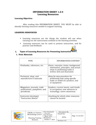 CBLMs on Trainers
Methodology Level I
Planning Training
Sessions
Date Developed:
July 2010
Date Revised:
March 2012
Document No.
Issued by:
NTTA
Page 113 of 251
Revised by:
Redilyn C. Agub
Revision # 01
INFORMATION SHEET 1.2-4
Learning Resources
Learning Objective:
After reading this INFORMATION SHEET, YOU MUST be able to
identify learning resources needed to support learning.
LEARNING RESOURCES
 Learning resources are the things the student will use when
carrying out the instructions outlined in the learning activities.
 Learning resources can be used to present instruction, and for
practice and feedback
I. Types of Learning Resources for Presenting Instruction
1. Print Materials
TYPE INFORMATION/CONTENT
•Textbooks, references, etc. •Facts, concepts, terms, background
information, principles, and actual
steps in performing tasks if
written well and illustrated.
•Technical, shop, and
manufacturer’s manuals
•Step-by-step procedure for
performing task using specific
make or model of a product, tool
or equipment.
•Magazines, journals, trade
publications, pamphlets, and
periodicals
•Leaders, current issues, and trends
in occupation; new advances in
technology; career awareness.
•Instructor-developed
“Instruction Sheets”
•Anything for which other resources
cannot be located.
 