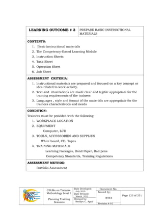 CBLMs on Trainers
Methodology Level I
Planning Training
Sessions
Date Developed:
July 2010
Date Revised:
March 2012
Document No.
Issued by:
NTTA
Page 123 of 251
Revised by:
Redilyn C. Agub
Revision # 01
LEARNING OUTCOME # 3 PREPARE BASIC INSTRUCTIONAL
MATERIALS
CONTENTS:
1. Basic instructional materials
2. The Competency-Based Learning Module
3. Instruction Sheets
4. Task Sheet
5. Operation Sheet
6. Job Sheet
ASSESSMENT CRITERIA:
1. Instructional materials are prepared and focused on a key concept or
idea related to work activity.
2. Text and illustrations are made clear and legible appropriate for the
training requirements of the trainees
3. Languages , style and format of the materials are appropriate for the
trainees characteristics and needs
CONDITION:
Trainees must be provided with the following:
1. WORKPLACE LOCATION
2. EQUIPMENT
Computer, LCD
3. TOOLS, ACCESSORIES AND SUPPLIES
White board, CD, Tapes
4. TRAINING MATERIALS
Learning Packages, Bond Paper, Ball pens
Competency Standards, Training Regulations
ASSESSMENT METHOD:
Portfolio Assessment
 