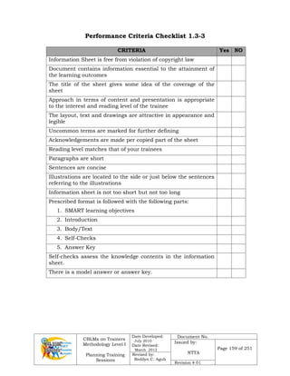 CBLMs on Trainers
Methodology Level I
Planning Training
Sessions
Date Developed:
July 2010
Date Revised:
March 2012
Document No.
Issued by:
NTTA
Page 159 of 251
Revised by:
Redilyn C. Agub
Revision # 01
Performance Criteria Checklist 1.3-3
CRITERIA Yes NO
Information Sheet is free from violation of copyright law
Document contains information essential to the attainment of
the learning outcomes
The title of the sheet gives some idea of the coverage of the
sheet
Approach in terms of content and presentation is appropriate
to the interest and reading level of the trainee
The layout, text and drawings are attractive in appearance and
legible
Uncommon terms are marked for further defining
Acknowledgements are made per copied part of the sheet
Reading level matches that of your trainees
Paragraphs are short
Sentences are concise
Illustrations are located to the side or just below the sentences
referring to the illustrations
Information sheet is not too short but not too long
Prescribed format is followed with the following parts:
1. SMART learning objectives
2. Introduction
3. Body/Text
4. Self-Checks
5. Answer Key
Self-checks assess the knowledge contents in the information
sheet.
There is a model answer or answer key.
 