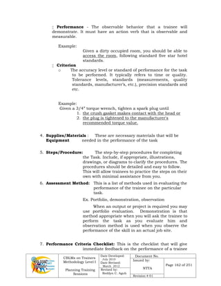 CBLMs on Trainers
Methodology Level I
Planning Training
Sessions
Date Developed:
July 2010
Date Revised:
March 2012
Document No.
Issued by:
NTTA
Page 162 of 251
Revised by:
Redilyn C. Agub
Revision # 01
 Performance - The observable behavior that a trainee will
demonstrate. It must have an action verb that is observable and
measurable.
Example:
Given a dirty occupied room, you should be able to
access the room, following standard five star hotel
standards.
 Criterion
o The accuracy level or standard of performance for the task
to be performed. It typically refers to time or quality.
Tolerance levels, standards (measurements, quality
standards, manufacturer’s, etc.), precision standards and
etc.
Example:
Given a 3/4” torque wrench, tighten a spark plug until
1. the crush gasket makes contact with the head or
2. the plug is tightened to the manufacturer's
recommended torque value.
4. Supplies/Materials : These are necessary materials that will be
Equipment needed in the performance of the task
5. Steps/Procedure: The step-by-step procedures for completing
the Task. Include, if appropriate, illustrations,
drawings, or diagrams to clarify the procedures. The
procedures should be detailed and easy to follow.
This will allow trainees to practice the steps on their
own with minimal assistance from you.
6. Assessment Method: This is a list of methods used in evaluating the
performance of the trainee on the particular
task.
Ex. Portfolio, demonstration, observation
When an output or project is required you may
use portfolio evaluation. Demonstration is that
method appropriate when you will ask the trainee to
perform the task as you evaluate him and
observation method is used when you observe the
performance of the skill in an actual job site.
7. Performance Criteria Checklist: This is the checklist that will give
immediate feedback on the performance of a trainee
 