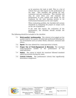 CBLMs on Trainers
Methodology Level I
Planning Training
Sessions
Date Developed:
July 2010
Date Revised:
March 2012
Document No.
Issued by:
NTTA
Page 163 of 251
Revised by:
Redilyn C. Agub
Revision # 01
as he practices the task or skill. This is a list of
criteria that you will require on the performance of
the task. This checklist will provide for self-
evaluation and peer evaluation. This checklist will
also be used when you will evaluate the
performance of your trainee and decide for the
readiness for the next learning activity or for
Institutional Evaluation as the case maybe.
When evaluating portfolio, the checklist will contain
standards in evaluating the project or output such
as the use of guidelines.
If the task will require the evaluation of the
performance, the checklist should include the
following:
The following should be included in the checklist.
7.1 Work quality/ workmanship. The criteria to be judged are the
quality and/or the quality of work/task performed following the
set of standards such as surface finish, tolerance, clearance and
others.
7.2 Speed. The time allowed for a task/operation to finish.
7.3 Proper Use of Tools/Equipment & Materials. The standard
tools/equipment needed in the performance of the
task/operation.
7.4 Safety. The extent to which the examinee followed standard
safety precautions during the exam.
7.5 Critical Criteria. The performance criteria that significantly
determines competence.
 