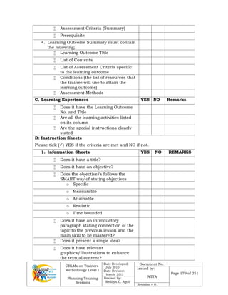 CBLMs on Trainers
Methodology Level I
Planning Training
Sessions
Date Developed:
July 2010
Date Revised:
March 2012
Document No.
Issued by:
NTTA
Page 179 of 251
Revised by:
Redilyn C. Agub
Revision # 01
 Assessment Criteria (Summary)
 Prerequisite
4. Learning Outcome Summary must contain
the following;
 Learning Outcome Title
 List of Contents
 List of Assessment Criteria specific
to the learning outcome
 Conditions (the list of resources that
the trainee will use to attain the
learning outcome)
 Assessment Methods
C. Learning Experiences YES NO Remarks
 Does it have the Learning Outcome
No. and Title
 Are all the learning activities listed
on its column
 Are the special instructions clearly
stated
D: Instruction Sheets
Please tick () YES if the criteria are met and NO if not.
1. Information Sheets YES NO REMARKS
 Does it have a title?
 Does it have an objective?
 Does the objective/s follows the
SMART way of stating objectives
o Specific
o Measurable
o Attainable
o Realistic
o Time bounded
 Does it have an introductory
paragraph stating connection of the
topic to the previous lesson and the
main skill to be mastered?
 Does it present a single idea?
 Does it have relevant
graphics/illustrations to enhance
the textual content?
 