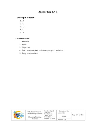 CBLMs on Trainers
Methodology Level I
Planning Training
Sessions
Date Developed:
July 2010
Date Revised:
March 2012
Document No.
Issued by:
NTTA
Page 191 of 251
Revised by:
Redilyn C. Agub
Revision # 01
Answer Key 1.4-1
I. Multiple Choice
1. A
2. C
3. D
4. C
5. B
II. Enumeration
1. Reliable
2. Valid
3. Objective
4. Discriminates poor trainees from good trainees
5. Easy to administer
 