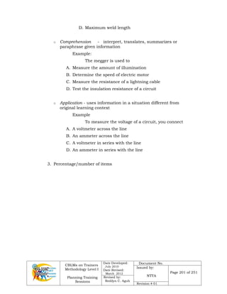 CBLMs on Trainers
Methodology Level I
Planning Training
Sessions
Date Developed:
July 2010
Date Revised:
March 2012
Document No.
Issued by:
NTTA
Page 201 of 251
Revised by:
Redilyn C. Agub
Revision # 01
D. Maximum weld length
o Comprehension - interpret, translates, summarizes or
paraphrase given information
Example:
The megger is used to
A. Measure the amount of illumination
B. Determine the speed of electric motor
C. Measure the resistance of a lightning cable
D. Test the insulation resistance of a circuit
o Application - uses information in a situation different from
original learning context
Example
To measure the voltage of a circuit, you connect
A. A voltmeter across the line
B. An ammeter across the line
C. A voltmeter in series with the line
D. An ammeter in series with the line
3. Percentage/number of items
 