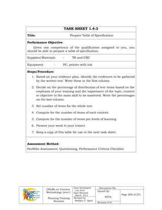 CBLMs on Trainers
Methodology Level I
Planning Training
Sessions
Date Developed:
July 2010
Date Revised:
March 2012
Document No.
Issued by:
NTTA
Page 208 of 251
Revised by:
Redilyn C. Agub
Revision # 01
TASK SHEET 1.4-3
Title: Prepare Table of Specification
Performance Objective:
Given one competency of the qualification assigned to you, you
should be able to prepare a table of specification.
Supplies/Materials : TR and CBC
Equipment : PC, printer with ink
Steps/Procedure:
1. Based on your evidence plan, identify the evidences to be gathered
by the written test. Write these in the first column.
2. Decide on the percentage of distribution of test items based on the
emphasis of your training and the importance of the topic, content
or objective to the main skill to be mastered. Write the percentages
on the last column.
3. Set number of items for the whole test.
4. Compute for the number of items of each content.
5. Compute for the number of items per levels of learning.
6. Present your work to your trainer.
7. Keep a copy of this table for use in the next task sheet.
Assessment Method:
Portfolio Assessment, Questioning, Performance Criteria Checklist
 