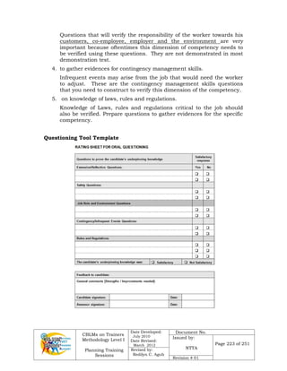 CBLMs on Trainers
Methodology Level I
Planning Training
Sessions
Date Developed:
July 2010
Date Revised:
March 2012
Document No.
Issued by:
NTTA
Page 223 of 251
Revised by:
Redilyn C. Agub
Revision # 01
Questions that will verify the responsibility of the worker towards his
customers, co-employee, employer and the environment are very
important because oftentimes this dimension of competency needs to
be verified using these questions. They are not demonstrated in most
demonstration test.
4. to gather evidences for contingency management skills.
Infrequent events may arise from the job that would need the worker
to adjust. These are the contingency management skills questions
that you need to construct to verify this dimension of the competency.
5. on knowledge of laws, rules and regulations.
Knowledge of Laws, rules and regulations critical to the job should
also be verified. Prepare questions to gather evidences for the specific
competency.
Questioning Tool Template
 