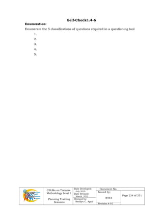 CBLMs on Trainers
Methodology Level I
Planning Training
Sessions
Date Developed:
July 2010
Date Revised:
March 2012
Document No.
Issued by:
NTTA
Page 224 of 251
Revised by:
Redilyn C. Agub
Revision # 01
Self-Check1.4-6
Enumeration:
Enumerate the 5 classifications of questions required in a questioning tool
1.
2.
3.
4.
5.
 