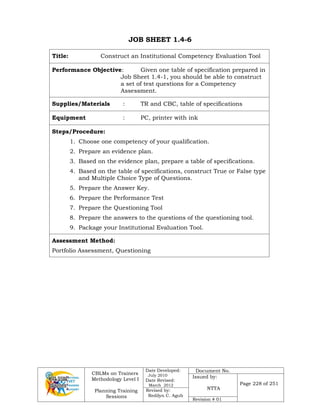 CBLMs on Trainers
Methodology Level I
Planning Training
Sessions
Date Developed:
July 2010
Date Revised:
March 2012
Document No.
Issued by:
NTTA
Page 228 of 251
Revised by:
Redilyn C. Agub
Revision # 01
JOB SHEET 1.4-6
Title: Construct an Institutional Competency Evaluation Tool
Performance Objective: Given one table of specification prepared in
Job Sheet 1.4-1, you should be able to construct
a set of test questions for a Competency
Assessment.
Supplies/Materials : TR and CBC, table of specifications
Equipment : PC, printer with ink
Steps/Procedure:
1. Choose one competency of your qualification.
2. Prepare an evidence plan.
3. Based on the evidence plan, prepare a table of specifications.
4. Based on the table of specifications, construct True or False type
and Multiple Choice Type of Questions.
5. Prepare the Answer Key.
6. Prepare the Performance Test
7. Prepare the Questioning Tool
8. Prepare the answers to the questions of the questioning tool.
9. Package your Institutional Evaluation Tool.
Assessment Method:
Portfolio Assessment, Questioning
 