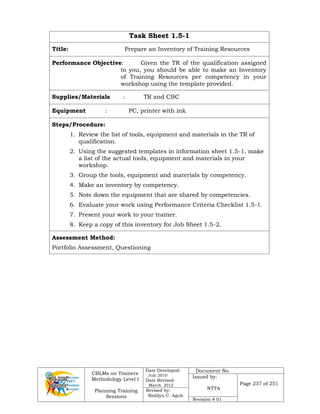 CBLMs on Trainers
Methodology Level I
Planning Training
Sessions
Date Developed:
July 2010
Date Revised:
March 2012
Document No.
Issued by:
NTTA
Page 237 of 251
Revised by:
Redilyn C. Agub
Revision # 01
Task Sheet 1.5-1
Title: Prepare an Inventory of Training Resources
Performance Objective: Given the TR of the qualification assigned
to you, you should be able to make an Inventory
of Training Resources per competency in your
workshop using the template provided.
Supplies/Materials : TR and CBC
Equipment : PC, printer with ink
Steps/Procedure:
1. Review the list of tools, equipment and materials in the TR of
qualification.
2. Using the suggested templates in information sheet 1.5-1, make
a list of the actual tools, equipment and materials in your
workshop.
3. Group the tools, equipment and materials by competency.
4. Make an inventory by competency.
5. Note down the equipment that are shared by competencies.
6. Evaluate your work using Performance Criteria Checklist 1.5-1.
7. Present your work to your trainer.
8. Keep a copy of this inventory for Job Sheet 1.5-2.
Assessment Method:
Portfolio Assessment, Questioning
 