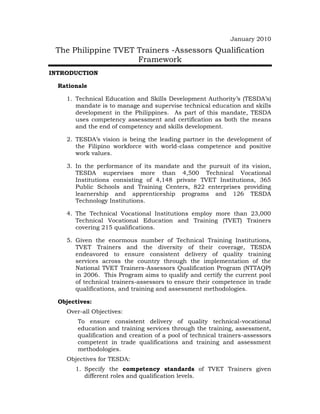 January 2010
The Philippine TVET Trainers -Assessors Qualification
Framework
INTRODUCTION
Rationale
1. Technical Education and Skills Development Authority’s (TESDA’s)
mandate is to manage and supervise technical education and skills
development in the Philippines. As part of this mandate, TESDA
uses competency assessment and certification as both the means
and the end of competency and skills development.
2. TESDA’s vision is being the leading partner in the development of
the Filipino workforce with world-class competence and positive
work values.
3. In the performance of its mandate and the pursuit of its vision,
TESDA supervises more than 4,500 Technical Vocational
Institutions consisting of 4,148 private TVET Institutions, 365
Public Schools and Training Centers, 822 enterprises providing
learnership and apprenticeship programs and 126 TESDA
Technology Institutions.
4. The Technical Vocational Institutions employ more than 23,000
Technical Vocational Education and Training (TVET) Trainers
covering 215 qualifications.
5. Given the enormous number of Technical Training Institutions,
TVET Trainers and the diversity of their coverage, TESDA
endeavored to ensure consistent delivery of quality training
services across the country through the implementation of the
National TVET Trainers-Assessors Qualification Program (NTTAQP)
in 2006. This Program aims to qualify and certify the current pool
of technical trainers-assessors to ensure their competence in trade
qualifications, and training and assessment methodologies.
Objectives:
Over-all Objectives:
To ensure consistent delivery of quality technical-vocational
education and training services through the training, assessment,
qualification and creation of a pool of technical trainers-assessors
competent in trade qualifications and training and assessment
methodologies.
Objectives for TESDA:
1. Specify the competency standards of TVET Trainers given
different roles and qualification levels.
 