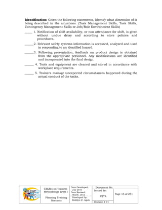 CBLMs on Trainers
Methodology Level I
Planning Training
Sessions
Date Developed:
July 2010
Date Revised:
March 2012
Document No.
Issued by:
NTTA
Page 15 of 251
Developed by:
Redilyn C. Agub
Revision # 01
Identification: Given the following statements, identify what dimension of is
being described in the situations. (Task Management Skills, Task Skills,
Contingency Management Skills or Job/Role Environment Skills)
_____ 1. Notification of shift availability, or non attendance for shift, is given
without undue delay and according to store policies and
procedures.
______2. Relevant safety systems information is accessed, analyzed and used
in responding to an identified hazard.
______3. Following presentation, feedback on product design is obtained
from the appropriate personnel. Any modifications are identified
and incorporated into the final design.
______ 4. Tools and equipment are cleaned and stored in accordance with
workplace requirements.
______ 5. Trainers manage unexpected circumstances happened during the
actual conduct of the tasks.
 