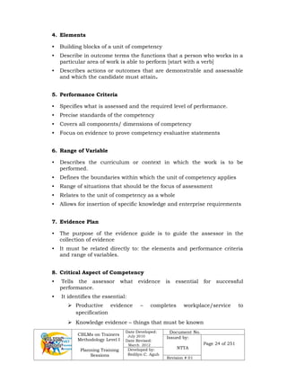 CBLMs on Trainers
Methodology Level I
Planning Training
Sessions
Date Developed:
July 2010
Date Revised:
March 2012
Document No.
Issued by:
NTTA
Page 24 of 251
Developed by:
Redilyn C. Agub
Revision # 01
4. Elements
• Building blocks of a unit of competency
• Describe in outcome terms the functions that a person who works in a
particular area of work is able to perform [start with a verb]
• Describes actions or outcomes that are demonstrable and assessable
and which the candidate must attain.
5. Performance Criteria
• Specifies what is assessed and the required level of performance.
• Precise standards of the competency
• Covers all components/ dimensions of competency
• Focus on evidence to prove competency evaluative statements
6. Range of Variable
• Describes the curriculum or context in which the work is to be
performed.
• Defines the boundaries within which the unit of competency applies
• Range of situations that should be the focus of assessment
• Relates to the unit of competency as a whole
• Allows for insertion of specific knowledge and enterprise requirements
7. Evidence Plan
• The purpose of the evidence guide is to guide the assessor in the
collection of evidence
• It must be related directly to: the elements and performance criteria
and range of variables.
8. Critical Aspect of Competency
• Tells the assessor what evidence is essential for successful
performance.
• It identifies the essential:
 Productive evidence – completes workplace/service to
specification
 Knowledge evidence – things that must be known
 