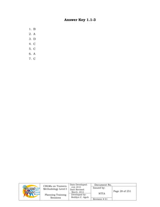 CBLMs on Trainers
Methodology Level I
Planning Training
Sessions
Date Developed:
July 2010
Date Revised:
March 2012
Document No.
Issued by:
NTTA
Page 28 of 251
Developed by:
Redilyn C. Agub
Revision # 01
Answer Key 1.1-3
1. B
2. A
3. D
4. C
5. C
6. A
7. C
 