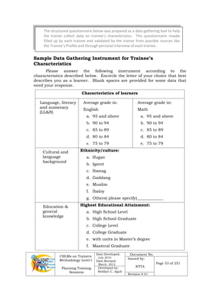 CBLMs on Trainers
Methodology Level I
Planning Training
Sessions
Date Developed:
July 2010
Date Revised:
March 2012
Document No.
Issued by:
NTTA
Page 53 of 251
Developed by:
Redilyn C. Agub
Revision # 01
Sample Data Gathering Instrument for Trainee’s
Characteristics
Please answer the following instrument according to the
characteristics described below. Encircle the letter of your choice that best
describes you as a learner. Blank spaces are provided for some data that
need your response.
Characteristics of learners
Language, literacy
and numeracy
(LL&N)
Average grade in:
English
a. 95 and above
b. 90 to 94
c. 85 to 89
d. 80 to 84
e. 75 to 79
Average grade in:
Math
a. 95 and above
b. 90 to 94
c. 85 to 89
d. 80 to 84
e. 75 to 79
Cultural and
language
background
Ethnicity/culture:
a. Ifugao
b. Igorot
c. Ibanag
d. Gaddang
e. Muslim
f. Ibaloy
g. Others( please specify)_____________
Education &
general
knowledge
Highest Educational Attainment:
a. High School Level
b. High School Graduate
c. College Level
d. College Graduate
e. with units in Master’s degree
f. Masteral Graduate
The structured questionnaire below was prepared as a data gathering tool to help
the trainer collect data on trainee’s characteristics. This questionnaire maybe
filled up by each trainee and validated by the trainer from possible sources like
the Trainee’s Profile and through personal interview of each trainee.
 