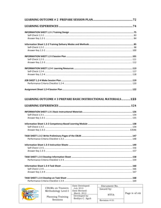 CBLMs on Trainers
Methodology Level I
Planning Training
Sessions
Date Developed:
July 2010
Date Revised:
March 2012
Document No.
Issued by:
NTTA
Page iv of viii
Developed by:
Redilyn C. Agub
Revision # 01
LEARNING OUTCOME # 2 PREPARE SESSION PLAN..........................................................72
LEARNING EXPERIENCES ............................................................................................................74
INFORMATION SHEET 1.2-1 Training Design ..................................................................................................75
Self-Check 1.2-2 ...............................................................................................................................................83
Answer Key 1.2-1 .............................................................................................................................................84
Information Sheet 1.2-2 Training Delivery Modes and Methods....................................................................85
Self-Check 1.2-2 ...............................................................................................................................................98
Answer Key 1.2-2 ...........................................................................................................................................100
INFORMATION SHEET 1.2-3 Session Plan .....................................................................................................101
Self-Check 1.2-3 .............................................................................................................................................111
Answer Key 1.2-3 ...........................................................................................................................................112
INFORMATION SHEET 1.2-4 Learning Resources .........................................................................................113
Self-Check 1.2-4 .............................................................................................................................................117
Answer Key 1.2-4 ...........................................................................................................................................118
JOB SHEET 1.2-4 Make Session Plan.............................................................................................................119
Performance Criteria Checklist 1.2-4 .............................................................................................................120
Assignment Sheet 1.2-4 Session Plan...........................................................................................................122
LEARNING OUTCOME # 3 PREPARE BASIC INSTRUCTIONAL MATERIALS…………123
LEARNING EXPERIENCES ......................................................................................................... 124
INFORMATION SHEET 1.3-1 Basic Instructional Materials............................................................................126
Self-Check 1.3-1 .............................................................................................................................................134
Answer Key 1.3-1 ...........................................................................................................................................135
Information Sheet 1.3-2 Competency-Based Learning Module ....................................................................138
Self-Check 1.3-2 .............................................................................................................................................134
Answer Key 1.3-2 .......................................................................................................................................13546
TASK SHEET 1.3-2 Write Preliminary Pages of the CBLM..............................................................................147
Performance Criteria Checklist 1.3-2 .............................................................................................................148
Information Sheet 1.3-3 Instruction Sheets .................................................................................................149
Self Check 1.3-3..............................................................................................................................................156
Answer Key 1.3-3 ...........................................................................................................................................157
TASK SHEET 1.3-3 Develop Information Sheet .............................................................................................158
Performance Criteria Checklist 1.3-3 .............................................................................................................159
Information Sheet 1.3-4 Task Sheet .............................................................................................................160
Self Check 1.3-4..............................................................................................................................................166
Answer Key 1.3-4 ...........................................................................................................................................167
TASK SHEET 1.3-4 Develop an Task Sheet ....................................................................................................168
Performance Criteria Checklist 1.3-4 .............................................................................................................169
 