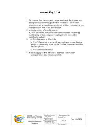 CBLMs on Trainers
Methodology Level I
Planning Training
Sessions
Date Developed:
July 2010
Date Revised:
March 2012
Document No.
Issued by:
NTTA
Page 69 of 251
Developed by:
Redilyn C. Agub
Revision # 01
Answer Key 1.1-6
1. To ensure that the current competencies of the trainee are
recognized and learning activities related to the current
competencies are no longer assigned to him, trainees current
competencies has to be determined.
2. a. authenticity of the document
b. date when the competencies were acquired (currency)
c. standing of the company/employer who issued the
certificate (validity)
3. a. Self-Assessment Checklist
b. Proof of competencies such as employment certificates,
projects personally done by the trainee, awards and other
related proofs
c. Pre-assessment result
4. A training gap is the difference between the current
competencies and those required.
 