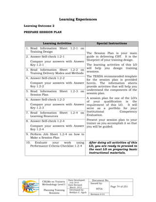 CBLMs on Trainers
Methodology Level I
Planning Training
Sessions
Date Developed:
July 2010
Date Revised:
March 2012
Document No.
Issued by:
NTTA
Page 74 of 251
Developed by:
Redilyn C. Agub
Revision # 01
Learning Experiences
Learning Outcome 2
PREPARE SESSION PLAN
Learning Activities Special Instructions
1. Read Information Sheet 1.2-1 on
Training Design
The Session Plan is your main
guide in delivering CBT. It is the
blueprint of your training design.
The learning activities of this LO
will help you design training
sessions.
The TESDA recommended template
for the session plan is provided
herein. The information sheets
provide activities that will help you
understand the components of the
session plan.
A session plan for one of the LO’s
of your qualification is the
requirement of this LO. It will
serve as a portfolio for your
Institutional Competency
Evaluation.
Present your session plan to your
trainer as you accomplish it so that
you will be guided.
2. Answer Self-check 1.2-1
Compare your answers with Answer
Key 1.2-1
3. Read Information Sheet 1.2-2 on
Training Delivery Modes and Methods
4. Answer Self-check 1.2-2
Compare your answers with Answer
Key 1.2-2
5. Read Information Sheet 1.2-3 on
Session Plan
6. Answer Self-check 1.2-3
Compare your answers with Answer
Key 1.2-3
7. Read Information Sheet 1.2-4 on
Learning Resources
8. Answer Self-check 1.2-4
Compare your answers with Answer
Key 1.2-4
9. Perform Job Sheet 1.2-4 on how to
Make a Session Plan
10. Evaluate your work using
Performance Criteria Checklist 1.2-4
After doing all activities of this
LO, you are ready to proceed to
the next LO on preparing basic
instructional materials.
 