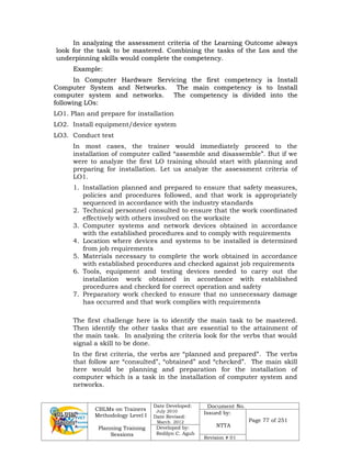 CBLMs on Trainers
Methodology Level I
Planning Training
Sessions
Date Developed:
July 2010
Date Revised:
March 2012
Document No.
Issued by:
NTTA
Page 77 of 251
Developed by:
Redilyn C. Agub
Revision # 01
I
In
n a
an
na
al
ly
yz
zi
in
ng
g t
th
he
e a
as
ss
se
es
ss
sm
me
en
nt
t c
cr
ri
it
te
er
ri
ia
a o
of
f t
th
he
e L
Le
ea
ar
rn
ni
in
ng
g O
Ou
ut
tc
co
om
me
e a
al
lw
wa
ay
ys
s
l
lo
oo
ok
k f
fo
or
r t
th
he
e t
ta
as
sk
k t
to
o b
be
e m
ma
as
st
te
er
re
ed
d.
. C
Co
om
mb
bi
in
ni
in
ng
g t
th
he
e t
ta
as
sk
ks
s o
of
f t
th
he
e L
Lo
os
s a
an
nd
d t
th
he
e
u
un
nd
de
er
rp
pi
in
nn
ni
in
ng
g s
sk
ki
il
ll
ls
s w
wo
ou
ul
ld
d c
co
om
mp
pl
le
et
te
e t
th
he
e c
co
om
mp
pe
et
te
en
nc
cy
y.
.
E
Ex
xa
am
mp
pl
le
e:
:
I
In
n C
Co
om
mp
pu
ut
te
er
r H
Ha
ar
rd
dw
wa
ar
re
e S
Se
er
rv
vi
ic
ci
in
ng
g t
th
he
e f
fi
ir
rs
st
t c
co
om
mp
pe
et
te
en
nc
cy
y i
is
s I
In
ns
st
ta
al
ll
l
C
Co
om
mp
pu
ut
te
er
r S
Sy
ys
st
te
em
m a
an
nd
d N
Ne
et
tw
wo
or
rk
ks
s.
. T
Th
he
e m
ma
ai
in
n c
co
om
mp
pe
et
te
en
nc
cy
y i
is
s t
to
o I
In
ns
st
ta
al
ll
l
c
co
om
mp
pu
ut
te
er
r s
sy
ys
st
te
em
m a
an
nd
d n
ne
et
tw
wo
or
rk
ks
s.
. T
Th
he
e c
co
om
mp
pe
et
te
en
nc
cy
y i
is
s d
di
iv
vi
id
de
ed
d i
in
nt
to
o t
th
he
e
f
fo
ol
ll
lo
ow
wi
in
ng
g L
LO
Os
s:
:
LO1. Plan and prepare for installation
LO2. Install equipment/device system
LO3. Conduct test
In most cases, the trainer would immediately proceed to the
installation of computer called “assemble and disassemble”. But if we
were to analyze the first LO training should start with planning and
preparing for installation. Let us analyze the assessment criteria of
LO1.
1. Installation planned and prepared to ensure that safety measures,
policies and procedures followed, and that work is appropriately
sequenced in accordance with the industry standards
2. Technical personnel consulted to ensure that the work coordinated
effectively with others involved on the worksite
3. Computer systems and network devices obtained in accordance
with the established procedures and to comply with requirements
4. Location where devices and systems to be installed is determined
from job requirements
5. Materials necessary to complete the work obtained in accordance
with established procedures and checked against job requirements
6. Tools, equipment and testing devices needed to carry out the
installation work obtained in accordance with established
procedures and checked for correct operation and safety
7. Preparatory work checked to ensure that no unnecessary damage
has occurred and that work complies with requirements
The first challenge here is to identify the main task to be mastered.
Then identify the other tasks that are essential to the attainment of
the main task. In analyzing the criteria look for the verbs that would
signal a skill to be done.
In the first criteria, the verbs are “planned and prepared”. The verbs
that follow are “consulted”, “obtained” and “checked”. The main skill
here would be planning and preparation for the installation of
computer which is a task in the installation of computer system and
networks.
 
