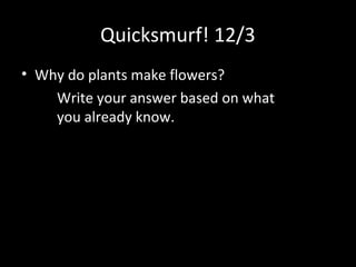 Quicksmurf! 12/3
• Why do plants make flowers?
    Write your answer based on what
    you already know.
 