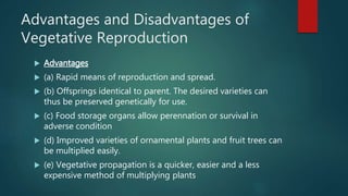 Advantages and Disadvantages of
Vegetative Reproduction
 Advantages
 (a) Rapid means of reproduction and spread.
 (b) Offsprings identical to parent. The desired varieties can
thus be preserved genetically for use.
 (c) Food storage organs allow perennation or survival in
adverse condition
 (d) Improved varieties of ornamental plants and fruit trees can
be multiplied easily.
 (e) Vegetative propagation is a quicker, easier and a less
expensive method of multiplying plants
 