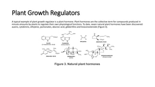 Plant Growth Regulators
A typical example of plant growth regulator is a plant hormone. Plant hormones are the collective term for compounds produced in
minute amounts by plants to regulate their own physiological functions. To date, seven natural plant hormones have been discovered:
auxins, cytokinins, ethylene, jasmonates, abscisic acid, gibberillins and brassinosteroids (Figure 3).
Figure 3. Natural plant hormones
 