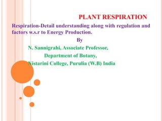 PLANT RESPIRATION
Respiration-Detail understanding along with regulation and
factors w.s.r to Energy Production.
By
N. Sannigrahi, Associate Professor,
Department of Botany,
Nistarini College, Purulia (W.B) India
 