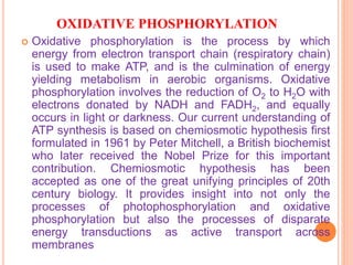 OXIDATIVE PHOSPHORYLATION
 Oxidative phosphorylation is the process by which
energy from electron transport chain (respiratory chain)
is used to make ATP, and is the culmination of energy
yielding metabolism in aerobic organisms. Oxidative
phosphorylation involves the reduction of O2 to H2O with
electrons donated by NADH and FADH2, and equally
occurs in light or darkness. Our current understanding of
ATP synthesis is based on chemiosmotic hypothesis first
formulated in 1961 by Peter Mitchell, a British biochemist
who later received the Nobel Prize for this important
contribution. Chemiosmotic hypothesis has been
accepted as one of the great unifying principles of 20th
century biology. It provides insight into not only the
processes of photophosphorylation and oxidative
phosphorylation but also the processes of disparate
energy transductions as active transport across
membranes
 