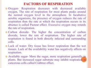 FACTORS OF RESPIRATION
 Oxygen- Respiration decreases with decreased available
oxygen, The rate of respiration for most plants peaks around
the normal oxygen level in the atmosphere. In facultative
aerobic organisms, the presence of oxygen reduces the rate of
respiration than the rate at which the respiration occurs in its
absence is called Pasteur effect. Excessive oxygen may retards
the rate of respiration.
 Carbon dioxide- The higher the concentration of carbon
dioxide, lower the rate of respiration. The higher rate of
respiration is found in both directly infected and surrounding
cells.
 Lack of water- Dry tissue has lower respiration than the wet
tissues. Lack of the availability water has negatively affects on
respiration.
 Available sugar- More the sugar, more respiration generally in
plants. But increased sugar substrate may inhibit respiration in
cancerous cells called Crabtree effect.
 