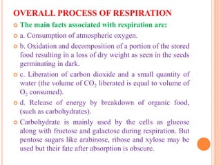 OVERALL PROCESS OF RESPIRATION
 The main facts associated with respiration are:
 a. Consumption of atmospheric oxygen.
 b. Oxidation and decomposition of a portion of the stored
food resulting in a loss of dry weight as seen in the seeds
germinating in dark.
 c. Liberation of carbon dioxide and a small quantity of
water (the volume of CO2 liberated is equal to volume of
O2 consumed).
 d. Release of energy by breakdown of organic food,
(such as carbohydrates).
 Carbohydrate is mainly used by the cells as glucose
along with fructose and galactose during respiration. But
pentose sugars like arabinose, ribose and xylose may be
used but their fate after absorption is obscure.
 