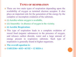 TYPES OF RESPIRATION
 There are two main types of respiration depending upon the
availability of oxygen as terminal electron acceptor. It also
plays an important role for the generation of the energy by the
complete or incomplete oxidation of the substrate.
 (i) Aerobic-where oxygen is available,
 (ii) Anaerobic- in absence of oxygen in the vicinity.
 (i) Aerobic Respiration:
 This type of respiration leads to a complete oxidation of
stored food (organic substances) in the presence of oxygen,
and releases carbon dioxide, water and a large amount of
energy present in respiratory substrate. Such type of
respiration is generally found in higher organisms.
 The overall equation is:
 C6H12O6+ 6O2= 6CO2 + 12 H2O-∆
 