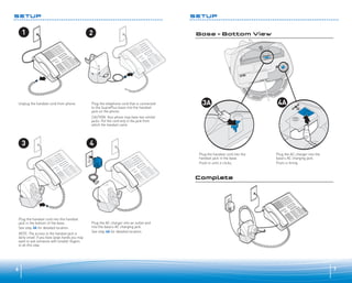 SETUP
1

Unplug the handset cord from phone.

SETUP
2

Plug the telephone cord that is connected
to the SupraPlus base into the handset
jack on the phone.

Base - Bottom View

4A

3A

!

9v

CAUTION: Your phone may have two similar
jacks. Put the cord only in the jack from
which the handset came.

3

4
D

C

Plug the handset cord into the
handset jack in the base.
Push in until it clicks.
A

B

Plug the AC charger into the
base’s AC charging jack.
Push in firmly.

Complete

Plug the handset cord into the handset
jack in the bottom of the base.
See step 3A for detailed location.
NOTE: The access to the handset jack is
fairly small. If you have large hands you may
want to ask someone with smaller fingers
to do this step.

6

Plug the AC charger into an outlet and
into the base’s AC charging jack.
See step 4A for detailed location.

7

 