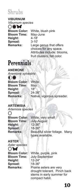 Shrubs
VIBURNUM
Viburnum species

Bloom Color:    White, blush pink
Bloom Time:     May-June
Height:         4-18'
Spread:         3-10'
Remarks:        Large genus that offers
                choices for any space.
                Attributes include: blooms,
                fruit clusters, fall color.

Perennials
ANEMONE
Anemone sylvestris

Bloom Color:    White
Bloom Time:     May
Height:         18"
Spread:         24-36"
Remarks:        Native, vigorous spreader.

ARTEMISIA
Artemisia species

Bloom Color:    White, very small
Bloom Time:     July-August
Height:         12-36"
Spread:         18-36"
Remarks:        Beautiful silver foliage. Many
                types available.
ASTER
Aster species

Bloom Color:    White, purple, pink
Bloom Time:     July-September
Height:         12-24"
Spread:         18-36"
Remarks:        Prairie asters are very
                drought tolerant. Pinch back
                stems in early summer for
                compact habit.

                                        10
 