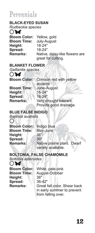 Perennials
BLACK-EYED SUSAN
Rudbeckia species

Bloom Color:   Yellow, gold
Bloom Time:    July-August
Height:        18-24"
Spread:        18-24"
Remarks:       Native, daisy-like flowers are
               great for cutting.
BLANKET FLOWER
Gaillardia species

Bloom Color: Crimson red with yellow
             accents
Bloom Time: June-August
Height:      16-24"
Spread:      16-24"
Remarks:     Very drought tolerant.
             Provide good drainage.
BLUE FALSE INDIGO
Baptisia australis

Bloom Color:   Indigo blue
Bloom Time:    May-June
Height:        36"
Spread:        36"
Remarks:       Native prairie plant. Dwarf
               variety available.
BOLTONIA, FALSE CHAMOMILE
Boltonia asteroides

Bloom Color:   White, pale pink
Bloom Time:    August-October
Height:        36"
Spread:        36-42"
Remarks:       Great fall color. Shear back
               in early summer to prevent
               from falling over.




                                        12
 