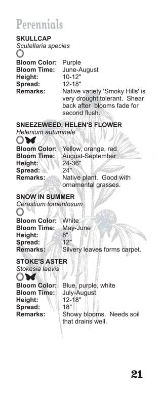 Perennials
SKULLCAP
Scutellaria species

Bloom Color:    Purple
Bloom Time:     June-August
Height:         10-12"
Spread:         12-18"
Remarks:        Native variety 'Smoky Hills' is
                very drought tolerant. Shear
                back after blooms fade for
                second flush.
SNEEZEWEED, HELEN'S FLOWER
Helenium autumnale

Bloom Color:    Yellow, orange, red
Bloom Time:     August-September
Height:         24-36"
Spread:         24"
Remarks:        Native plant. Good with
                ornamental grasses.
SNOW IN SUMMER
Cerastium tomentosum

Bloom Color:    White
Bloom Time:     May-June
Height:         8"
Spread:         12"
Remarks:        Silvery leaves forms carpet.
STOKE'S ASTER
Stokesia laevis

Bloom Color:    Blue, purple, white
Bloom Time:     July-August
Height:         12-18"
Spread:         18"
Remarks:        Showy blooms. Needs soil
                that drains well.




                                          21
 