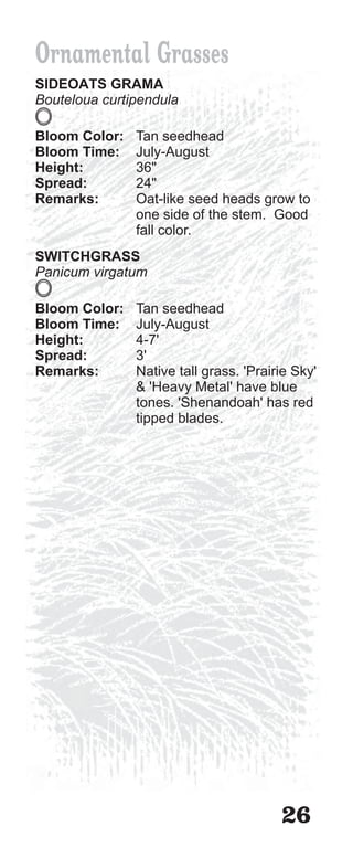 Ornamental Grasses
SIDEOATS GRAMA
Bouteloua curtipendula

Bloom Color:   Tan seedhead
Bloom Time:    July-August
Height:        36"
Spread:        24"
Remarks:       Oat-like seed heads grow to
               one side of the stem. Good
               fall color.
SWITCHGRASS
Panicum virgatum

Bloom Color:   Tan seedhead
Bloom Time:    July-August
Height:        4-7'
Spread:        3'
Remarks:       Native tall grass. 'Prairie Sky'
               & 'Heavy Metal' have blue
               tones. 'Shenandoah' has red
               tipped blades.




                                        26
 