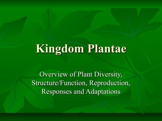 Kingdom Plantae
Overview of Plant Diversity,
Structure/Function, Reproduction,
Responses and Adaptations

 