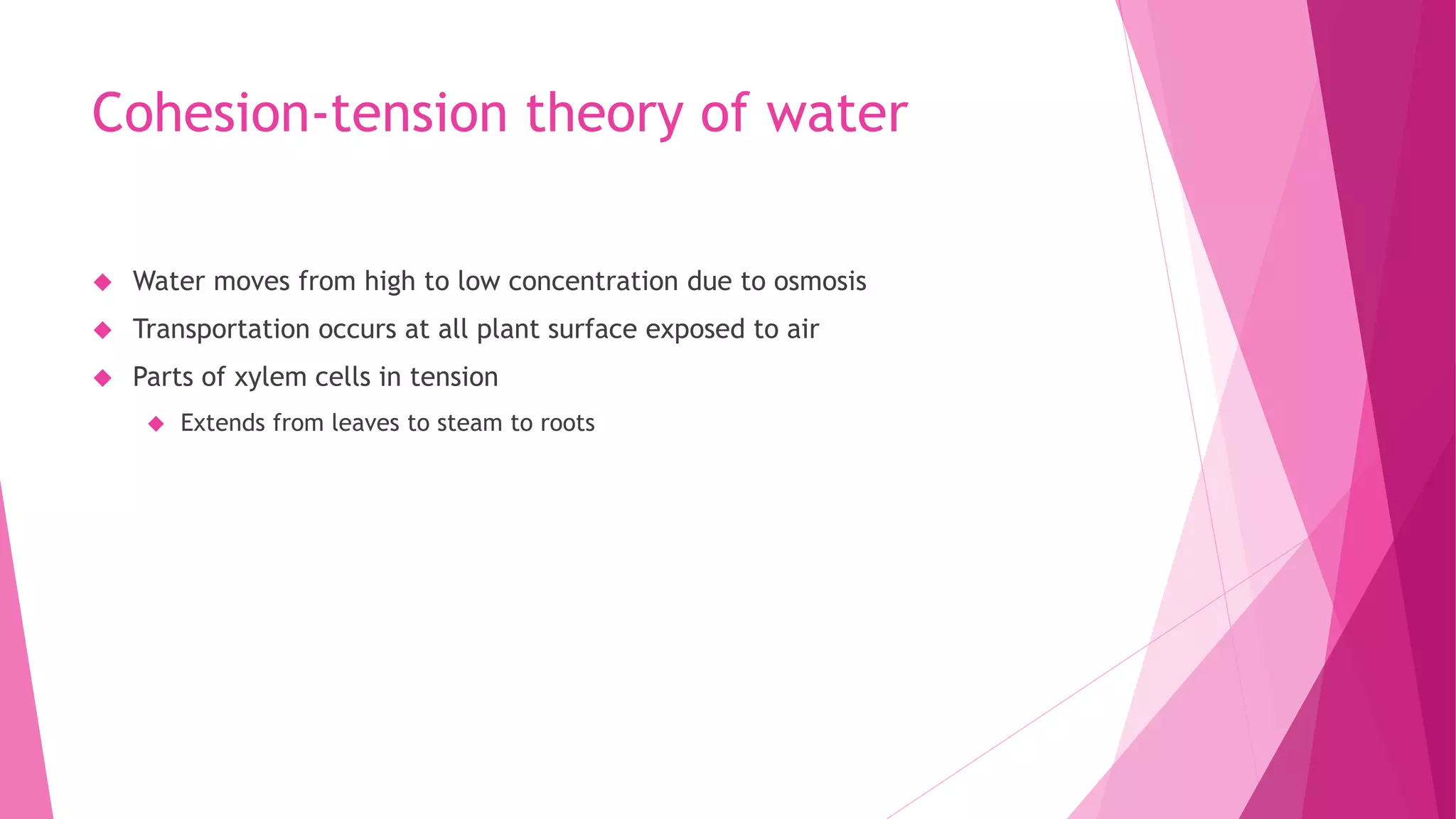 Cohesion-tension theory of water
 Water moves from high to low concentration due to osmosis
 Transportation occurs at all plant surface exposed to air
 Parts of xylem cells in tension
 Extends from leaves to steam to roots
 