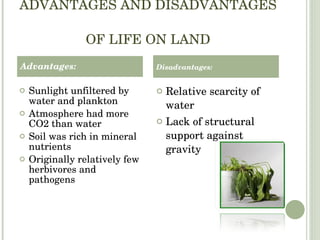ADVANTAGES AND DISADVANTAGES  OF LIFE ON LAND Sunlight unfiltered by water and plankton Atmosphere had more CO2 than water Soil was rich in mineral nutrients Originally relatively few herbivores and pathogens Relative scarcity of water Lack of structural support against gravity Advantages: Disadvantages: 