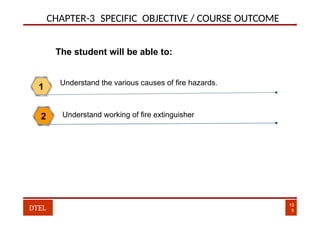 CHAPTER-3 SPECIFIC OBJECTIVE / COURSE OUTCOME
Understand the various causes of fire hazards.
1
The student will be able to:
Understand working of fire extinguisher
2
10
5
DTEL
 