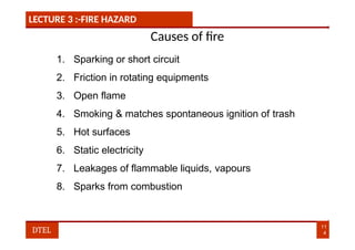 LECTURE 3 :-FIRE HAZARD
Causes of fire
1. Sparking or short circuit
2. Friction in rotating equipments
3. Open flame
4. Smoking & matches spontaneous ignition of trash
5. Hot surfaces
6. Static electricity
7. Leakages of flammable liquids, vapours
8. Sparks from combustion
11
4
DTEL
 